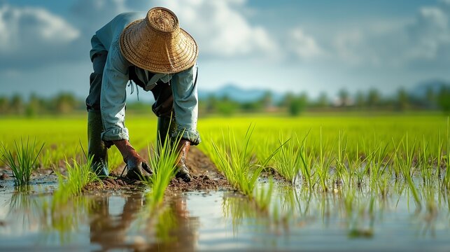 A farmer harvesting rice on a field during the rainy season in Asia, big copy space, Generative AI.