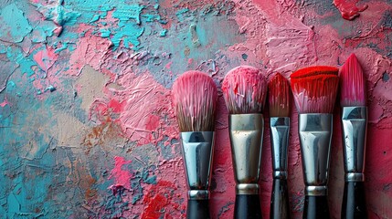 Artistic brushes stained with shades of crimson