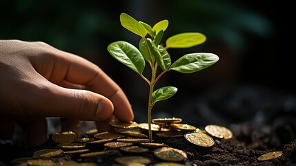 Investment concept, female hand holding stack of coins with small plant growing isolated on black background.