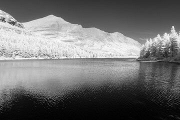 Black and white infra red landscape of Glacier National Park
