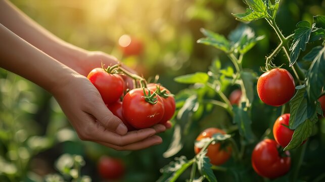 A hand collecting tomato from field with a big copy space and morning sunlight, Generative AI