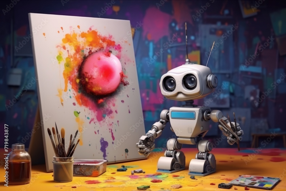 Poster concept of generative ai art technology, robot painting picture in studio. comeliness
