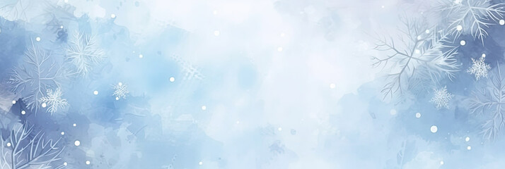 white blue watercolor background snowfall, christmas view blurred blizzard light blue snowflakes on a white city background. holiday theme, banner design