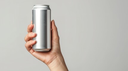 A human hand holding an aluminum soda can against a white backdrop, space, Generative AI. - obrazy, fototapety, plakaty