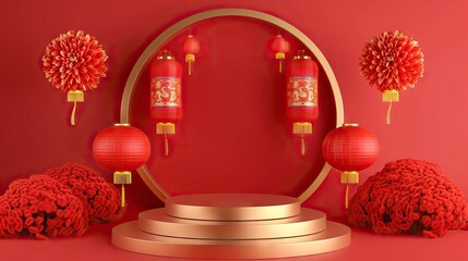Realistic gold cylinder pedestal podium with circle backdrop with chinese lanterns and chrysanthemums - AI Generated Abstract Art
