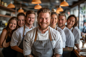 Fototapeta premium Chef standing with his team in restaurant kitchen, restaurant staff, back cook