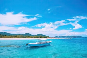 Naklejka premium Boat in turquoise ocean water against blue sky
