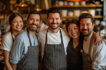 Fototapeta premium Chef standing with his team in restaurant kitchen, restaurant staff, back cook