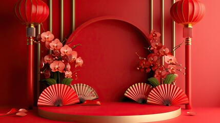 Podium round stage for happy Chinese new year 2024 with Oriental Asian style decorative paper fans and Orchids - AI Generated Abstract Art