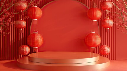 Red luxury background with product display podium element with chinese new year ornament lanterns and oriental asian chinese knots - AI Generated Abstract Art