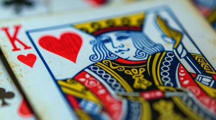 Fototapeta na wymiar A close up view of a playing card featuring the Queen of Hearts. Perfect for casino-themed designs or card game illustrations