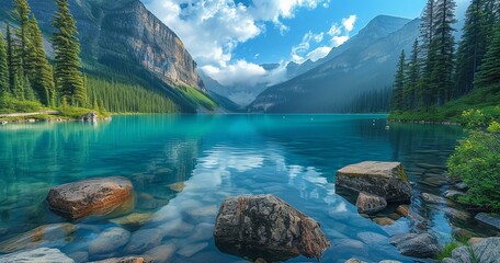 A lake aqua blue water with waterfall, green mountains and a valley a beautiful relaxing landscape, Generative AI. - obrazy, fototapety, plakaty
