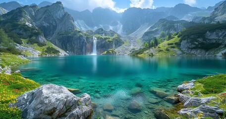 A lake aqua blue water with waterfall, green mountains and a valley a beautiful relaxing landscape, Generative AI. - obrazy, fototapety, plakaty