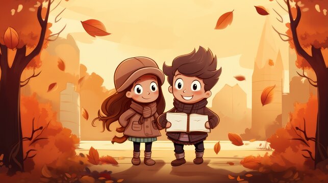 Autumn theme cartoon illustration childern. Copy space template.