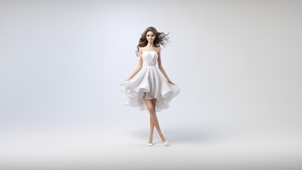full-body fashion portrait of a beautiful woman in a long, flowing white gala dress, the light fabric gracefully draping her figure against a chic white and gray background. Generative AI.