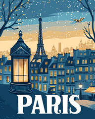 Paris-France poster with text "PARIS" in font, French architecture, cityscape, in illustration style inspired by graphic design, night light atmosphere,