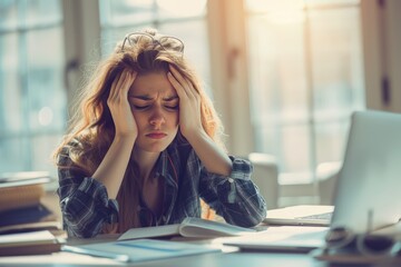 a woman is experiencing a headache while at her workplace in the office. Capture the discomfort and challenges she faces