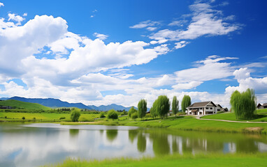 Spring lake and mountain scenery,created with Generative AI tecnology.
