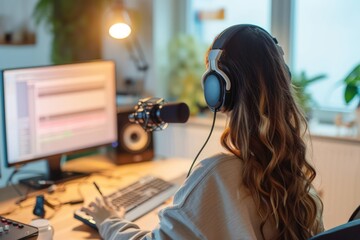 Professional female podcaster is diligently recording a podcast from her home studio using her computer. Capture the essence of her expertise and dedication in delivering engaging content