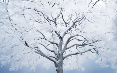 Big tree covered with snow in winter,created with Generative AI tecnology.