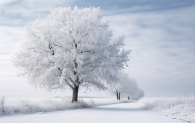 Big tree covered with snow in winter,created with Generative AI tecnology.