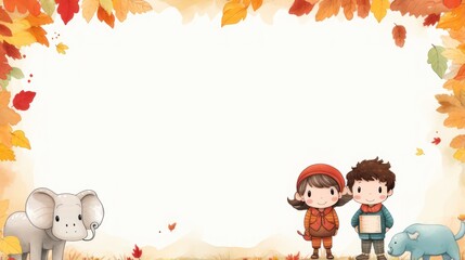 Obraz premium Copy space background border frame for children with an autumn theme, decorated with dry maple leaves.