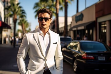 Handsome man, elegantly adorned in a dazzling and high-fashion ensemble from top luxury brands. he confidently strides through the upscale Beverly Hills district, showcasing an impeccable style