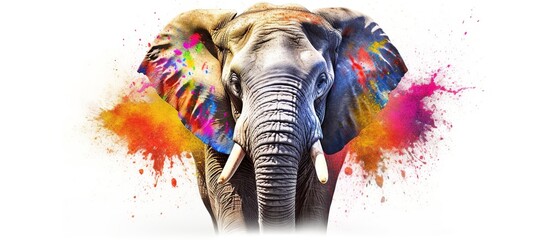 Pictorial elephant portrait with bright abstract paint splatter.