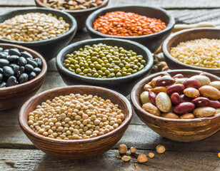 Fototapeta premium A collection of various beans and cereal grains, representing essential sources of protein.