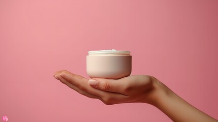 A woman hand holding cosmetic items with a big copy space against a clean backdrop with a beautiful text space, Generative AI. - obrazy, fototapety, plakaty