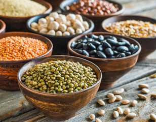 Fototapeta premium A collection of various beans and cereal grains, representing essential sources of protein.