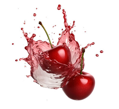 Falling of red Cherries with juice splash isolated on white background with clipping path 3d rendering ai generated