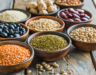 A collection of various beans and cereal grains, representing essential sources of protein.