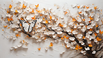butterfly floating in the wind through the branches of a tree with oil paints. Gorgeous white background