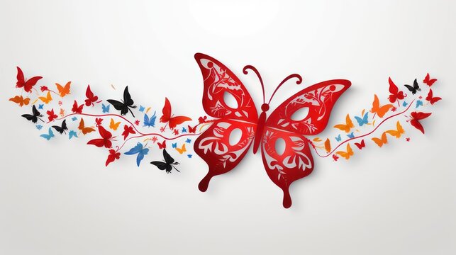 Illustration of butterfly carving decoration, colorful and playful. White background.