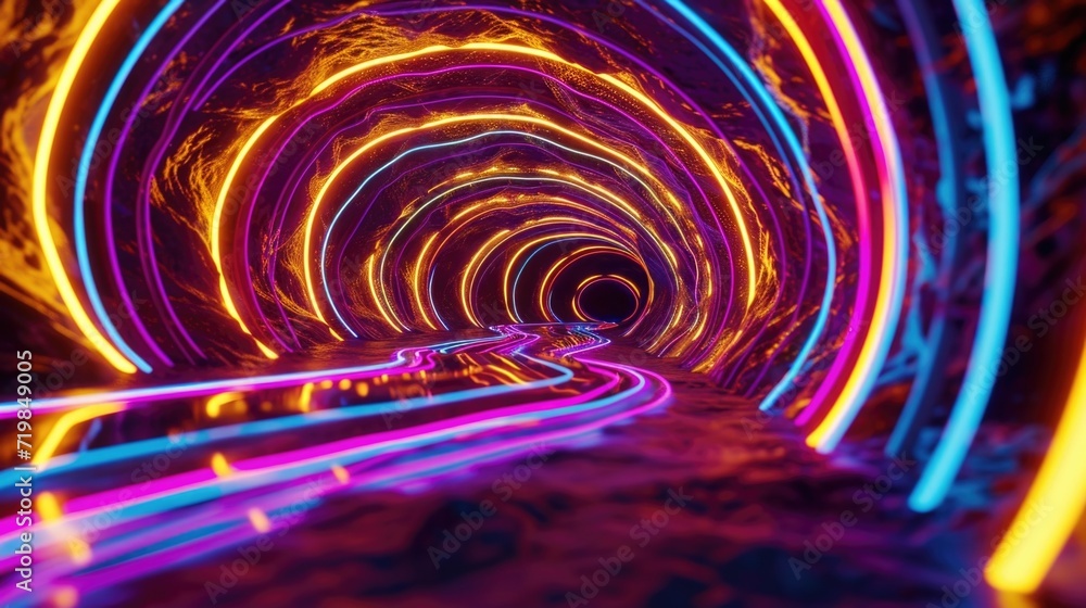 Poster trippy neon swirls dancing in a psychedelic trance bending and twisting in an otherworldly display.
