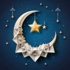 Crescent moon and star background illustration design, ornament for the Islamic Eid al-Fitr holiday	
