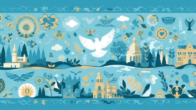 Peace and freedom design, with illustration of a flying dove against a background of nature and trees.