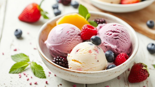 Ice cream ball with fruit flavors in a bowl black background.