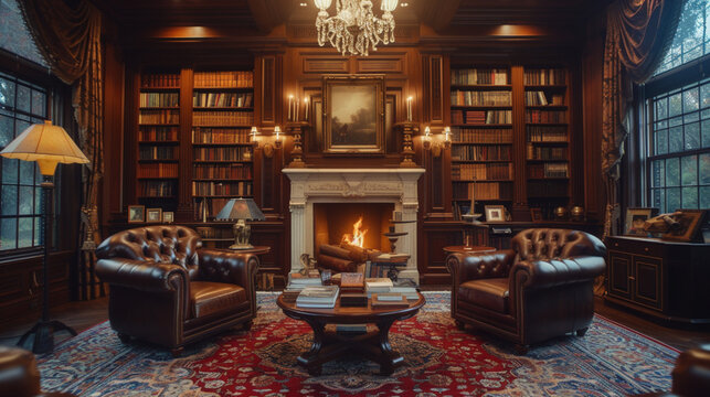 Fototapeta An elegant home library with mahogany bookshelves, leather-bound books, and a fireplace. DSLR, telephoto lens, morning, classic style