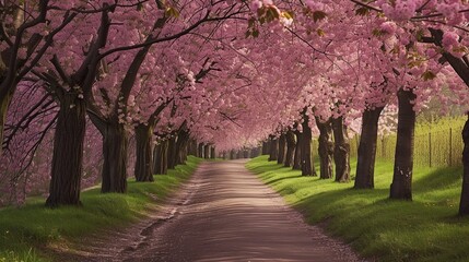 Tunnel cherry tree with pink flowers
