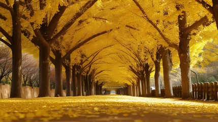 Fotobehang tunnel of gingko trees with yellow flowers © saka