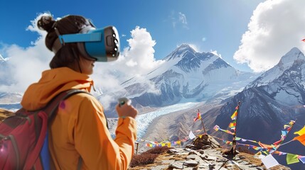 Adventures hiker using VR box to navigate location with a big copy space and a concept of digitalization in travel sector, Generative AI.