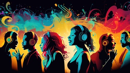 illustration of a group of young people listening to music with headphones.