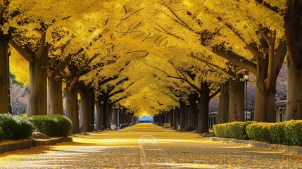 tunnel of gingko trees with yellow flowers