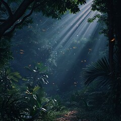 scene with rays of light into forest