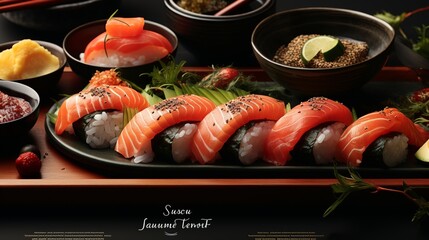 Horizontal banner with people sitting at table full of Japanese meals at Asian restaurant and eating sushi,