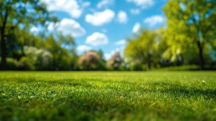 Beautiful blurred background image of spring nature with a neatly trimmed lawn surrounded by trees against a blue sky with clouds on a bright sunny day. copy space - generative ai