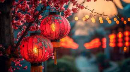 Warm glowing red lanterns create a festive and traditional Chinese atmosphere, AI generated