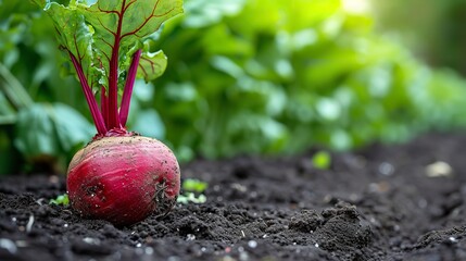 An up close view of a beetroot on the earth in a vegetable garden, space, Generative AI. - obrazy, fototapety, plakaty